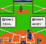 A split-screen baseball game interface displays two teams: Team Zeal on the left and Team Moby on the right. The top half shows overhead field views with a batter and fielders positioned on brown diamond shapes against a green background. The bottom half presents a player lineup roster with pixelated character sprites arranged in rows, each sprite roughly 16x16 pixels. White text labels identify team names, and the overall color palette consists of bright greens, oranges, and earth tones typical of Game Boy Color graphics.