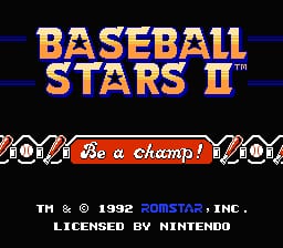 The title screen displays "BASEBALL STARS II" in large orange and blue letters at the top, with a horizontal blue line behind the text. Below the title is a red banner containing white script text reading "Be a champ!" flanked by decorative baseball and bat graphics on both sides. At the bottom, white text credits the game as "TH & © 1992 COMSTAR, INC." and notes it is "LICENSED BY NINTENDO." The background is solid black, and all text and graphics use the pixelated sprite style typical of NES games.