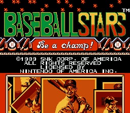 The title screen features the "Baseball Stars" logo in large green and yellow pixelated text at the top, with red stars scattered across a black background. Below the title is a white tagline reading "Be a Champ!" The bottom half displays three illustrated player portraits in an orange-toned color palette, showing baseball players in batting stances and uniforms. Copyright and publication information appears at the bottom in white text, indicating SNK and Nintendo of America 1989. A thin decorative border frames the player images section.