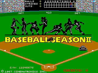 The title screen displays a green baseball field with a brown dirt infield and orange bases at center. Seven black silhouetted figures in baseball poses are arranged across the top of the screen against a colorful pixelated background. The yellow text "BASEBALL SEASON II" is prominently positioned in the middle-lower portion. A score display panel appears at the top in black with white text showing game information. The copyright notice "© 1987 CINEMATRONICS INC." is visible at the bottom, along with additional game text. The overall aesthetic uses bright green field coloring with high-contrast black sprites and colored UI elements typical of 1987 arcade hardware.