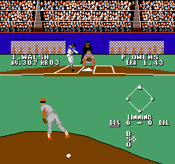 A baseball pitcher in mid-windup stands on a brown mound in the foreground, viewed from behind home plate with a white baseball visible below. The batter and catcher occupy the upper portion against a green field background. A purple scoreboard spans the top displaying team names and scores in yellow text. A diamond-shaped base indicator diagram appears center-right with directional labels. The NES-style graphics feature 8-bit pixel sprites against a two-tone green field with brown dirt mound, typical of early 1990s baseball game visuals.