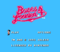 The title screen displays 'Bases Loaded 4' in large pink script lettering against a bright blue background. Below the title, two menu options appear: 'PLAY' on the left and 'OPTIONS' on the right, each accompanied by a small sprite figure. At the bottom, white text reads 'TM AND © 1993 JALECO' and 'LICENSED BY NINTENDO'. The visual style uses the limited color palette and pixel-based sprite rendering typical of NES games from this era.