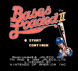The title screen displays "Bases Loaded II" in large red cursive lettering at the top center. Below the title, a cartoon baseball player in blue uniform and cap holds a bat, positioned on the right side. Menu options "START" and "CONTINUE" appear in yellow text in the middle-left area. Copyright and licensing information for Jaleco and Nintendo of America is printed in small white text at the bottom of the screen. The background is solid black, and all graphics use the low-resolution sprite style typical of early NES baseball games.