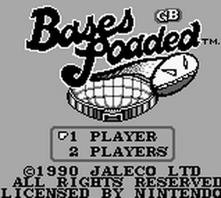 The title screen displays 'Bases Loaded' in large pixelated black letters at the top, with a stylized baseball diamond and glove graphic below it. Two menu options appear centered: '1 PLAYER' and '2 PLAYERS' in white text. Copyright information for 1988 JALECO and a Nintendo license notice are printed at the bottom in small white text against a gray background. The overall aesthetic uses monochrome pixel art typical of NES-era sports games.
