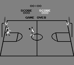 A basketball court viewed from above occupies the center of the screen, rendered in gray with black lines marking the boundaries, center circle, and baskets at each end. Two pixelated player sprites stand on the court—one on the left side and one on the right. The top of the screen displays game information in black text: "00:00" for the timer, "SCORE 000" repeated twice, and "GAME OVER" centered. The art style uses simple geometric shapes and a limited color palette typical of early 1980s arcade graphics.