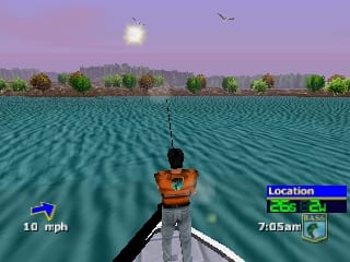 A fishing boat viewed from behind is positioned center-screen on turquoise water with visible ripple textures. A fishing line extends downward from the boat's bow. The sky displays a purple-pink gradient with trees and distant hills along the shoreline. A HUD panel shows "10 mph" speed in the lower-left corner and a location indicator reading "7:05am" in the lower-right. Birds appear as small silhouettes in the upper sky. The overall aesthetic uses low-polygon 3D graphics typical of N64-era games.