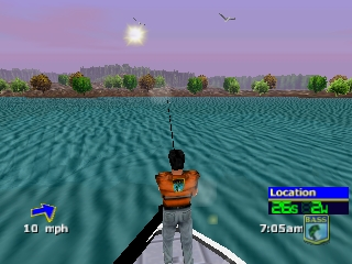 A fishing boat viewed from behind moves across turquoise water toward a distant shoreline with trees and hills under a purple twilight sky. The player character sits in an orange life vest at the boat's stern. The HUD displays speed at 10 mph in the lower left, a location map in the upper right corner showing 7:05am, and a fishing line extends downward into the water. Birds fly in the sky above the landscape.