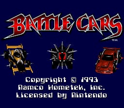 The title screen displays "BATTLE CARS" in large red and yellow lettering at the top center. Below are three isometric-view toy cars spaced across the screen—a yellow and black vehicle on the left, a red spiked mine or weapon in the center, and a red car on the right. Copyright and licensing text appears at the bottom in white, reading "Copyright © 1993 Namco Hamdelmeh, Inc. Licensed by Nintendo." The background is dark navy blue, and the sprites use 16-bit color palette typical of SNES hardware.