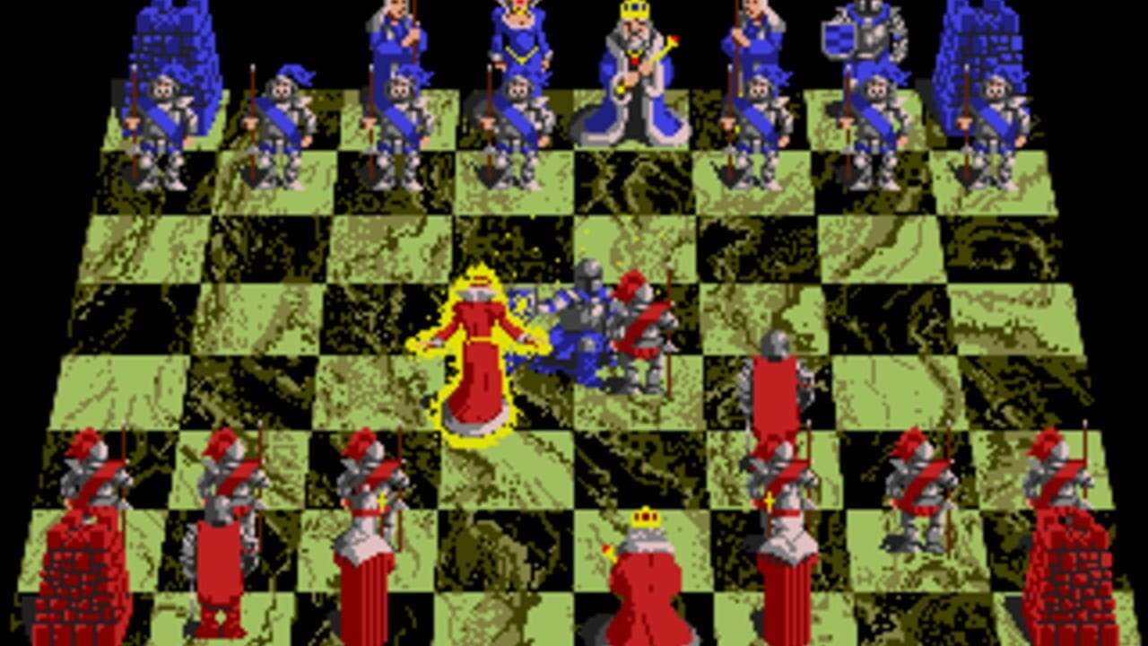 A chessboard displays a mid-game position with red pieces at the bottom and blue pieces at the top, rendered in low-resolution pixel art. The board features a light green and dark green checkerboard pattern. Red pieces include pawns, rooks, bishops, knights, a queen with a crown in the lower-center area, and a king. Blue pieces are similarly arranged with distinct character sprites in the upper section. A yellow-outlined piece in the center indicates the currently selected or active piece. The black background frames the entire board view.