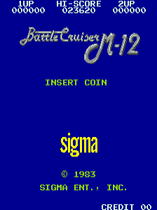 The arcade title screen displays 'Battle Cruiser M-12' in gold text at the top center, with a blue background. Score information spans the upper portion showing '1UP', 'HI-SCORE', and '2UP' with numerical values. The word 'INSERT COIN' appears in yellow text in the center. Below that, the Sigma Enterprises Inc. logo and copyright notice '© 1983' are shown in yellow. A 'CREDIT 00' indicator appears in the bottom right corner. The overall visual style uses a basic early 1980s arcade color palette with yellow and white text against solid blue.