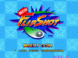 The title screen displays a large, colorful logo reading "Battle Flip Shot" in blue and yellow lettering with red accents, set against an explosion-like graphic with purple spikes. A silver pinball sits at the center of the design. The background is light blue with outlined stars arranged in a scattered pattern. Below the logo, yellow text reads "INSERT COIN" with white copyright text "© 1998 VISCO CORPORATION" beneath it. In the bottom right corner, white text displays "CREDIT 00".