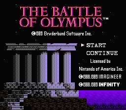 The title screen displays "THE BATTLE OF OLYMPUS" in large magenta text at the top, with copyright information for Broderbund Software and Infinity Ward below. A classical temple structure with white columns is illustrated in the center-left, rendered in low-resolution pixel art with purple and blue shading. To the right, text reads "START" and "CONTINUE" with licensing attribution to Nintendo of America and Infinity Ward. The background is black, and a bright magenta triangular shape appears in the lower-right corner. The overall palette consists of magenta, purple, white, and black typical of 8-bit NES graphics.