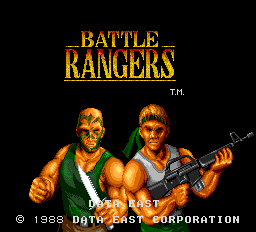 The title screen displays 'BATTLE RANGERS' in large gold capital letters at the top. Below are two muscular male characters rendered in orange and yellow sprite colors against a black background. The left character wears green pants and holds a rifle, while the right character wears red pants and also carries a rifle. A trademark symbol appears to the right of the title. Copyright text reading '© 1988 DATA EAST CORPORATION' is positioned at the bottom in white and green text. The overall aesthetic is typical of 1980s arcade graphics with limited color palette and pixelated sprite work.