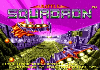 The title screen displays 'BATTLE SQUADRON' in large metallic purple letters across the top. Two military vehicles—an orange and purple tank on the left and a yellow and purple tank on the right—face each other on a green ground plane against a bright magenta sky. The word 'TH' appears in the upper right corner. A copyright notice for 1990 Innerprise Software and Sega appears at the bottom left. The scene uses Mode 7-style pseudo-3D perspective with pixelated sprite graphics typical of early 1990s Sega Genesis titles.