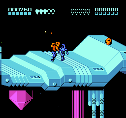 Two characters stand on a large cyan-colored vehicle or platform floating above a dark background. The top UI displays a score of 000750, health icons in cyan and white, and additional numerical readouts. Below the main platform, a magenta-colored geometric shape and vertical striped structures in cyan and white are visible. The sprite-based graphics use bright colors against a black background typical of NES-era visuals.