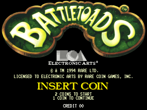 The arcade title screen displays the Battletoads logo in large yellow and green letters with a gold border against a black background. Below the logo, white text reads "ELECTRONIC ARTS" with licensing information for Electronic Arts and Rare Coin Games, Inc., dated 1994. At the bottom, yellow text instructs "INSERT COIN" with "2 COINS TO START" and "1 COIN TO CONTINUE" displayed on separate lines. The overall layout uses a simple black background with contrasting colored text and the prominent curved title treatment.