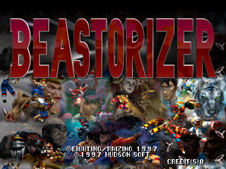The title screen displays 'BEASTORIZER' in large red metallic lettering at the top. Below the title, multiple sprite-based characters and enemies are arranged in a horizontal row, showing various creatures and fighters rendered in typical mid-1990s arcade sprite style with bright colors and pixelated details. At the bottom, white text reads 'FIGHTING AMAZING 1997' and '1997 EIGHTING/RAIZING' with 'CREDITS' displayed in the lower right corner. The background is black, placing emphasis on the colorful character sprites and red title text.