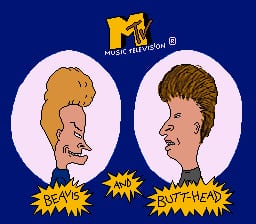The title screen features two large circular portraits on a dark blue background, displaying the cartoon faces of Beavis and Butt-Head in profile facing each other. The left character has blonde hair and the right has brown hair. Below each portrait is a yellow starburst shape containing their names in white text. The MTV Music Television logo appears at the top center of the screen. The character sprites use thick outlines and limited color palettes typical of SNES-era graphics, rendered in 16-bit style animation.