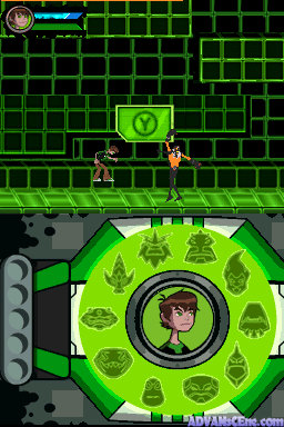 A split-screen gameplay view showing Ben 10: Omniverse on Nintendo DS. The upper screen displays a side-scrolling platformer level with green brick walls, a character sprite on the left, an enemy figure in orange/yellow on the right, and a green health or power meter at the top. The lower screen shows a circular dial interface with Ben's face in the center and green leaf-shaped icons arranged around the perimeter, resembling an alien transformation wheel or inventory selector with gray mechanical borders framing the device.