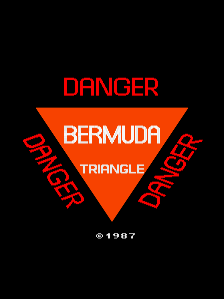 A black background displays a large orange triangle pointing downward with the word "BERMUDA" in white text at its center and "TRIANGLE" below it. Red text reading "DANGER" appears above the triangle, while "DANGER" is repeated vertically on both the left and right sides in red lettering. A copyright notice "© 1987" is positioned at the bottom of the screen.