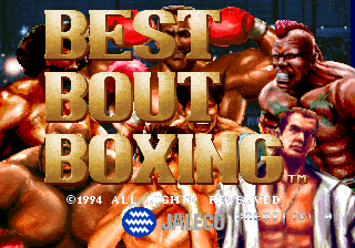 The title screen displays large gold letters reading "BEST BOUT BOXING" against a dark blue background. Two muscular boxers in red shorts occupy the right side, depicted in a realistic illustrated style with reddish-brown skin tones. Below the title, copyright information and publisher logos including Jaleco appear in smaller text. The overall composition uses a warm color palette of golds, reds, and skin tones contrasted against the cool blue backdrop.