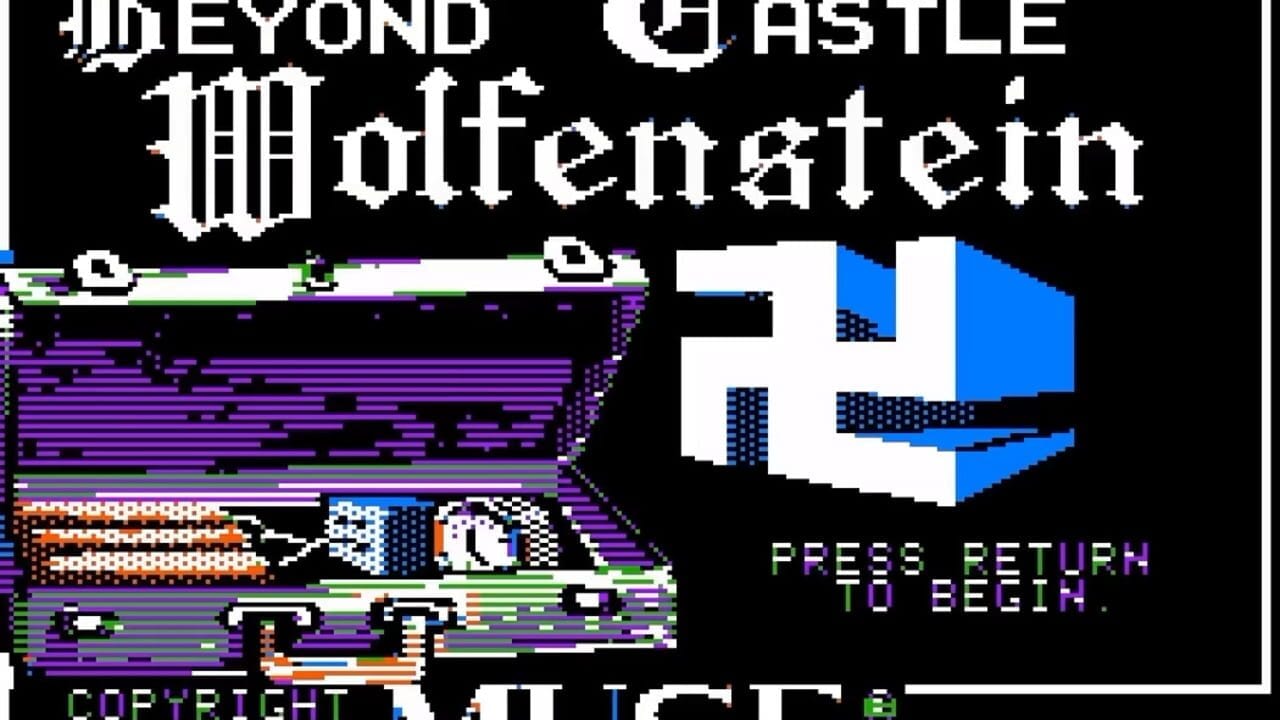 A title screen displays "Beyond Wolfenstein" in large white pixel text at the top. Below sits a stylized castle illustration with purple and black horizontal scanlines covering most of the left side, topped with green ramparts and orange brick detailing. A blue and white 3D logo occupies the right portion of the screen. Green text reading "PRESS RETURN TO BEGIN" appears in the lower right corner. The entire composition uses a typical DOS-era color palette of purple, black, white, orange, and cyan on a black background with visible horizontal scan-line artifacts throughout.