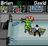 A wrestling match in progress displays two fighters in a ring—one character in green and yellow on the left, another in brown on the right. The top of the screen shows player names "Brian" and "David" with health bars and match information. A referee in white stands between the competitors. The ring features gray-blue canvas with a metal barrier visible at the bottom. The sprite-based graphics use a limited NGPC color palette typical of Neo Geo Pocket Color hardware. A crowd of small colored dots lines the upper background.