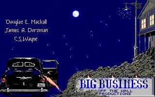 The title screen displays "BIG BUSINESS" in large white text in the lower-right corner against a dark blue starry night sky. A moon and scattered stars fill the upper portion. On the left side, a stylized black car is positioned on a road, with yellow headlights visible. The right side shows a multi-story building structure with lit windows. Credits listing Douglas E. Macdoll, James A. Doreman, and C.S. Maple appear in yellow text in the upper-left corner. The overall color palette uses dark blue, black, yellow, and white in a pixel-art style typical of early 1990s DOS games.