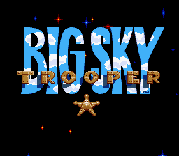 The title screen displays "BIG SKY TROOPER" in large blue capital letters with orange/brown shadowing effect across the center of a black background. Below the text sits a small orange star sprite. Scattered dots and plus symbols in red and cyan appear in the corners, creating a sparse starfield effect typical of SNES-era title screens. The overall composition is centered and uses limited color palette characteristic of 16-bit sprite graphics.
