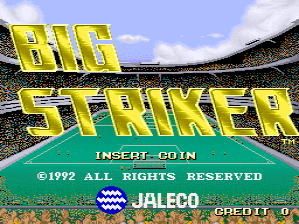 A stadium filled with spectators provides the background for the title screen. Large yellow letters spelling 'BIG STRIKER' dominate the upper portion, with a teal-colored banner below containing 'INSERT-COIN' text. Copyright information for Jaleco and the year 1992 appears in white text, along with a blue and white circular logo. The pixel art style is typical of early 1990s arcade graphics, with distinct color blocks and low resolution sprites visible throughout the composition.