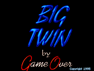 The title screen displays 'BIG TWIN' in large blue neon-style lettering centered in the upper portion against a black background. Below it, 'by Game Over' appears in red and white script text. A copyright notice reading 'Copyright 1995' is positioned in the lower right corner in white text. The overall design uses a simple color scheme of blue, red, white, and black with a dark arcade-style aesthetic.