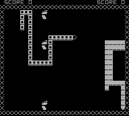 A black screen displays white pixelated maze structures in the center-left area, with small white dot enemies scattered throughout the play field. Score readouts labeled "SCORE 0" appear at the top left and center. The right side shows a vertical stack of gray and white rectangular blocks representing the game interface or status panel. A decorative border of X characters frames the entire game area against the black background.