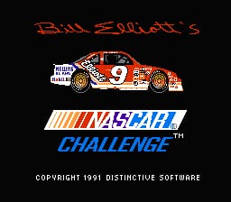 A black background displays orange pixelated text reading "Bill Elliott's" at the top. Below that sits a detailed sprite of an orange and white NASCAR race car numbered 9, shown from a three-quarter angle. The NASCAR Challenge logo appears underneath in red and blue text, with a horizontal striped banner. Copyright text for 1991 Distinctive Software is positioned at the bottom in white letters.