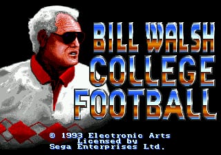 The title screen features a large portrait of Bill Walsh on the left side wearing sunglasses and a light-colored jacket with a red cross, against a black background. The game title "BILL WALSH COLLEGE FOOTBALL" appears in blue and gold letters to the right of his image. Copyright information for Electronic Arts and Sega appears at the bottom in small white text. The overall layout uses a simple black background with the portrait and text as the primary visual elements.
