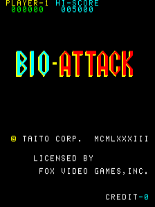The title screen displays "BIO-ATTACK" in large pixelated letters with cyan and red coloring against a black background. At the top, a green text score readout shows "PLAYER-1 HI-SCORE" with values "000000" and "008000". Below the title, Taito Corp and HCMLXXVIII copyright information appears, followed by licensing credit to Fox Video Games, Inc. A "CREDIT-0" indicator is positioned in the bottom right corner. The entire screen uses classic arcade-era typography and a limited neon color palette typical of early 1980s arcade cabinet displays.