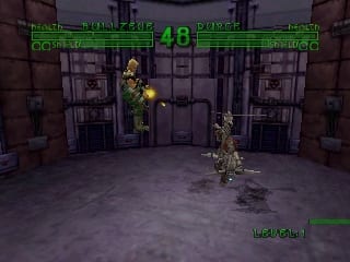 Two humanoid characters stand in a concrete industrial room with metal doors and crates. The character on the left wears yellow/gold armor, the one on the right wears tan/beige coloring. A green HUD spans the top displaying health bars, score, and numerical values. The floor is dark gray with geometric patterns. Shelving units line the walls in the background. The 3D models are low-polygon with visible blockiness typical of Nintendo 64 graphics. Text reading "bad guys" appears in the lower right corner.