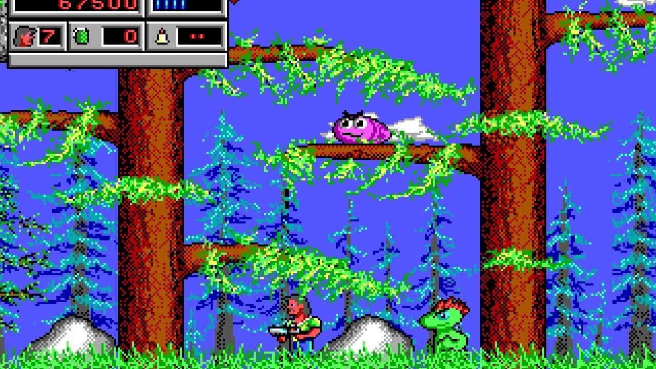 A purple-sky jungle level displays a pink character standing on a brown platform mid-screen, surrounded by bright green foliage and brown tree trunks. Below, a player-controlled sprite with red and yellow coloring stands on grass-covered ground, facing right. Dark blue enemies are scattered throughout the lower section. A status bar at the top left shows a score of 67500, health indicator, weapon icons, and ammunition counter. The scene uses 8-bit pixel art with a bright color palette dominated by blue sky, green vegetation, brown wood textures, and cyan accents.
