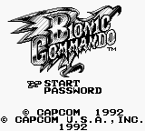 The title screen displays the Bionic Commando logo in large, angular black lettering at the top center. Below it reads "STORY" and "PASSWORD" options in white text. At the bottom, copyright information shows "© CAPCOM 1992" and "© CAPCOM 1992", indicating the 1992 release date. The background is black with white text elements, featuring a simple two-color pixel art aesthetic typical of NES-era games.