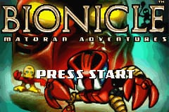 The title screen displays "BIONICLE" in large gold letters at the top with "MATORAN ADVENTURES" in smaller text below. A yellow "PRESS START" prompt appears in the center-left area. The background features a red and orange biomechanical character with a mask, set against a gradient backdrop of green and brown tones. The overall art style uses bright, saturated colors typical of Game Boy Advance graphics with blocky sprite-based rendering.