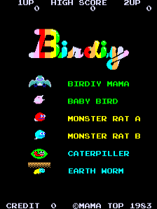 The title screen displays 'Birdiy' in large rainbow-colored pixelated letters centered on a black background. Below the title, six small sprite icons line the left side, each paired with green text labels: Birdy Mama, Baby Bird, Monster Rat A, Monster Rat B, Caterpillar, and Earth Worm. At the top, a white text header shows '1UP', 'HIGH SCORE', and '2UP' with score values. The bottom credits read 'CREDIT 0' and '©MAMA TOP 1983' in white text.