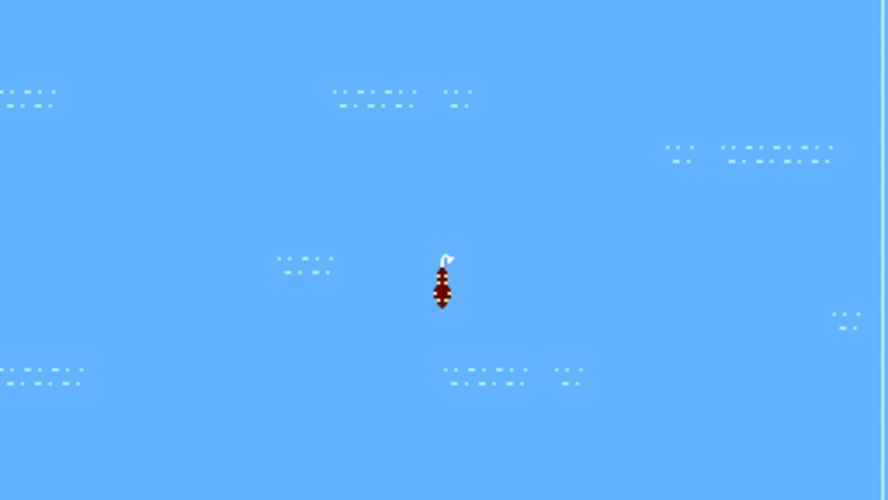 A fishing game screen displays a bright blue sky background with a white and red fishing lure positioned in the center of the screen. Light blue pixelated clouds or fish formations are scattered across the upper, middle, and lower portions of the screen against the solid blue backdrop. The art style uses low-resolution 8-bit pixel graphics typical of NES-era games.