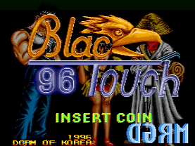 A yellow eagle or bird character dominates the upper portion of the title screen, rendered in detailed sprite form. Below it, the title 'Black Touch '96' appears in large blue and orange lettering. Green text reading 'INSERT COIN' sits in the lower-left corner, while 'CODE' appears in blue on the lower-right. Small developer text and additional UI elements are visible at the bottom, against a dark background. The overall aesthetic is typical of mid-1990s arcade game presentations.