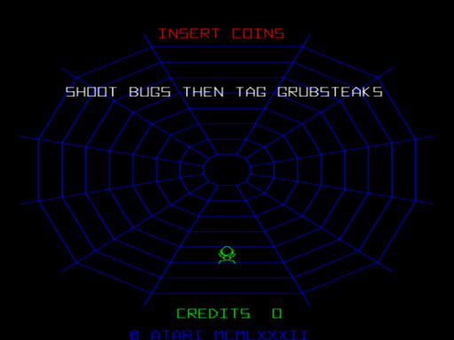 A black arcade screen displays a blue vector-drawn spiderweb pattern centered on the image. Red text reading "INSERT COINS" appears at the top, with blue text below stating "SHOOT BUGS THEN TAG GRUBSTEAKS". A small green spider graphic is positioned in the center of the web. At the bottom, green text shows "CREDITS 0" on the left and "© 1982 ATARI" on the right. The entire interface uses vector graphics rendered in blue and green on a black background, characteristic of early 1980s arcade title screens.