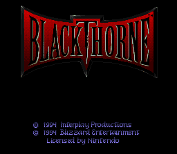 The Blackthorne title logo appears centered and prominent at the top in red metallic lettering with angular styling. Below the logo, copyright text reads "© 1991 Interplay Productions" and "© 1994 Blizzard Entertainment" in white and blue text respectively. At the bottom, a blue line states "Licensed by Nintendo". The background is solid black, creating high contrast with the text elements.