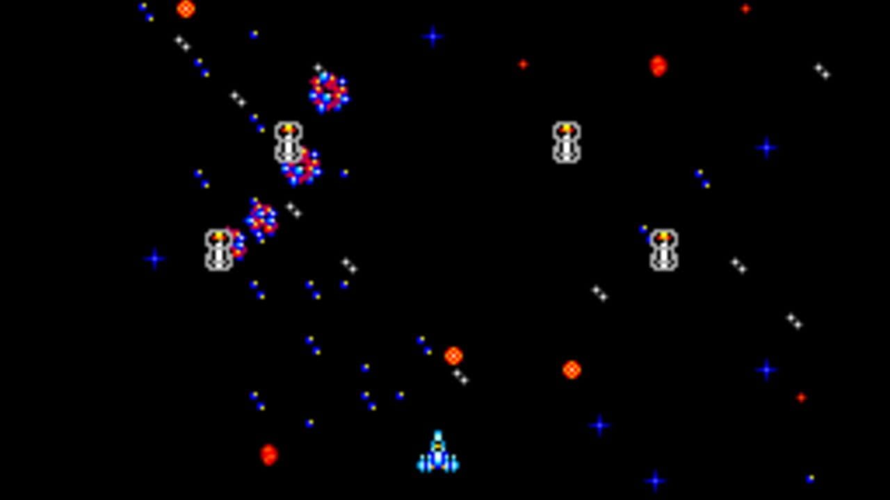 A cyan-colored player ship is centered in the lower-middle portion of the black space-filled screen, firing upward. Two white enemy ships with red cockpits flank the upper area, each surrounded by clusters of red and blue projectiles. Scattered across the playfield are blue and white star sprites, orange and red enemy bullets, and red circular enemy formations. The scene depicts an active arcade-style space shooter engagement with multiple visual elements distributed throughout the frame.