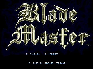 The title screen displays "Blade Master" in large gold gothic lettering against a dark blue background. Below the logo, white text reads "1 COIN 1 PLAY" centered on the screen. At the bottom, copyright information states "© 1991 IREM CORP." in small white text. The entire composition uses a dark palette with metallic gold and white text as the primary visual elements.
