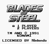 The title screen displays "BLADES OF STEEL" in large outlined lettering at the top. Below the title, text reads "1 OR 2 PLAYERS" and "PRESS START" in a simple bitmap font. The bottom of the screen shows licensing information: "LICENSED BY Nintendo" on the left and "KONAMI" on the right. The background is black with white text and graphics rendered in low-resolution 8-bit pixels typical of NES-era games.