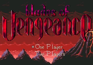 The title screen displays "Blades of Vengeance" in large red pixelated letters at the top, with a dark red sky backdrop. Two rocky mountain peaks frame the right side of the screen. Below the title, two menu options appear in white text: "One Player" and "Two Players". The overall color palette consists of deep reds, blacks, and grays typical of 16-bit sprite graphics.