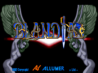 The Blandia title screen displays the game's blue and gold logo centered in the upper half, with red lightning effects beneath it. Two symmetrical gray stone gargoyle or demon heads flank the logo on either side, facing outward with wings extended upward. The background is solid black. Copyright text and the Allumer Ltd. developer credit appear in white and yellow text at the bottom left and center respectively.