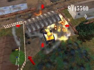Overhead isometric view of a construction site with a yellow bulldozer in the center surrounded by explosive detonations marked by red arrows and orange fire bursts. A large industrial building with a corrugated metal roof dominates the background, with a green tractor visible on the left side. The terrain shows brown dirt roads and patches of green vegetation. A white score display reading $145560 appears in the upper right corner. The graphics use pre-rendered 3D backgrounds with flat sprite-based vehicles characteristic of N64-era rendering.